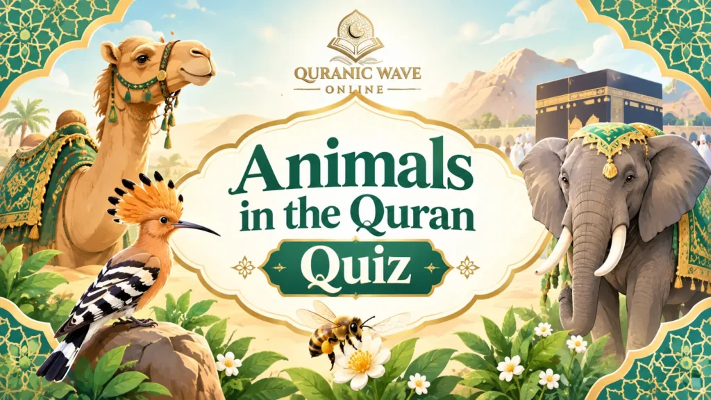 Animals in the Quran Quiz featuring an illustration of a hoopoe bird and Islamic architecture