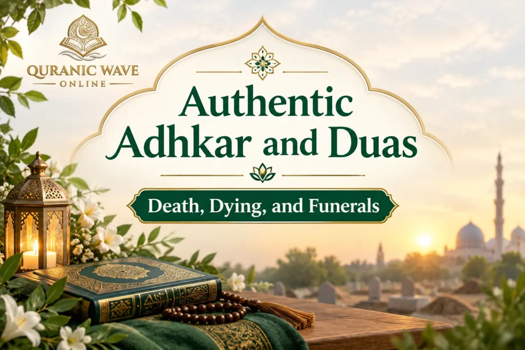 Authentic duas for death and dying guide graphic titled Authentic Adhkar and Duas for Death, Dying, and Funerals.