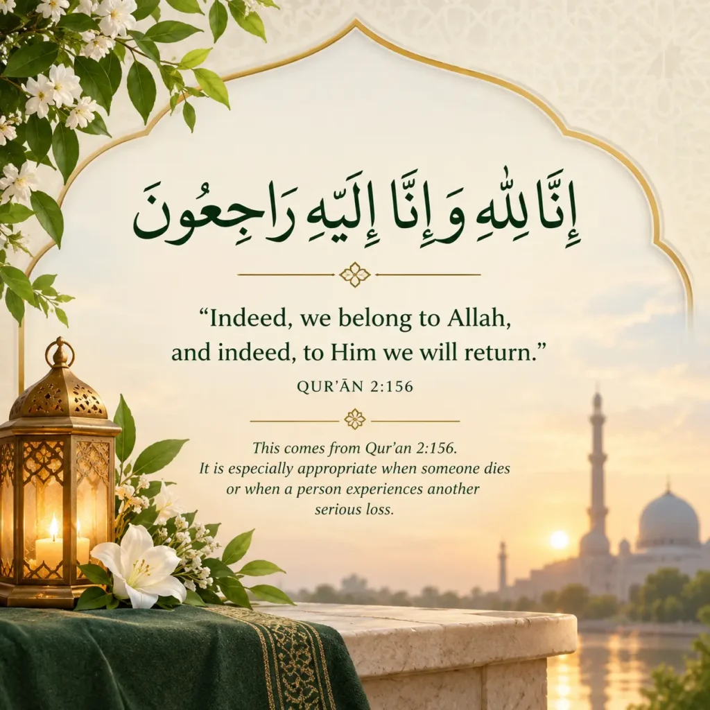 Arabic calligraphy of Inna Lillahi wa inna ilayhi raji'un with English translation on a background titled Authentic Adhkar and Duas About Death.