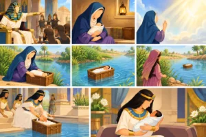Illustration for Islamic Stories in English: Prophet Musa (AS) showing baby Musa in a wooden chest on the Nile river.