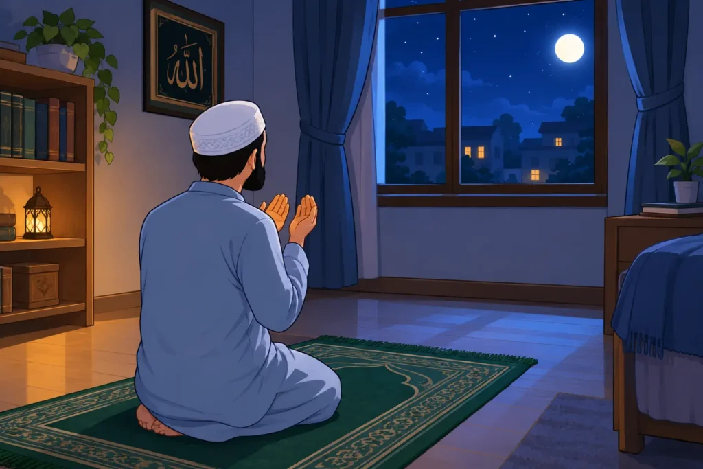 A Muslim man reciting Adhkar Before Sleep on a prayer mat in a cozy bedroom.
