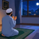 A Muslim man reciting Adhkar Before Sleep on a prayer mat in a cozy bedroom.