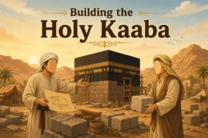 Illustration showing Prophet Ibrahim (pbuh) and Prophet Ismail (pbuh) building the Holy Kaaba together in Mecca.