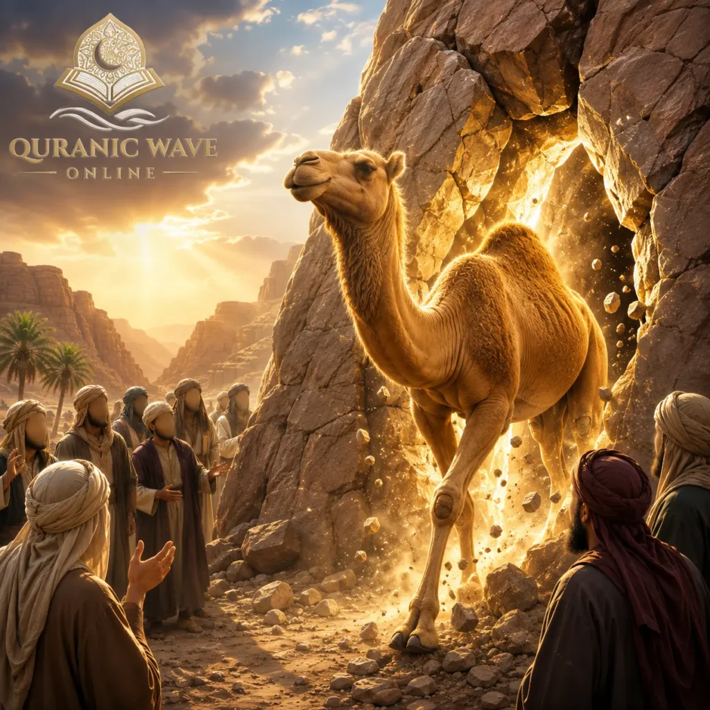 Illustration of a large miracle camel emerging from a massive desert rock.