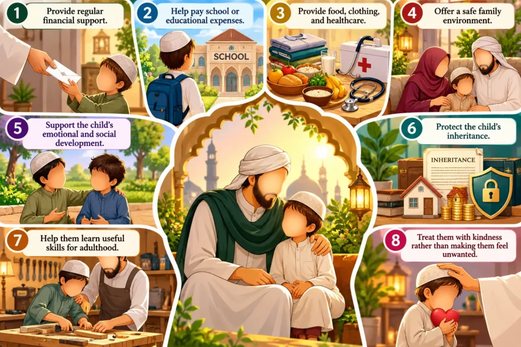 An illustration showing acts of kindness, education, and financial care for orphans in Islam.