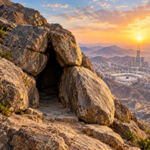 Prophet Muhammad story for kids illustration of Cave Hira in Jabal al-Nour