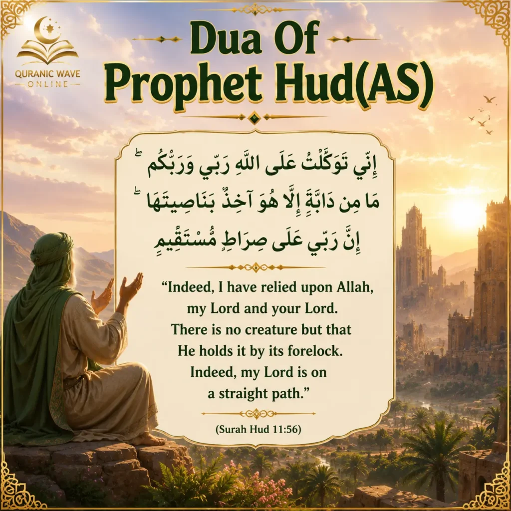Dua of Prophet Hud AS in Arabic and English text illustration for kids
