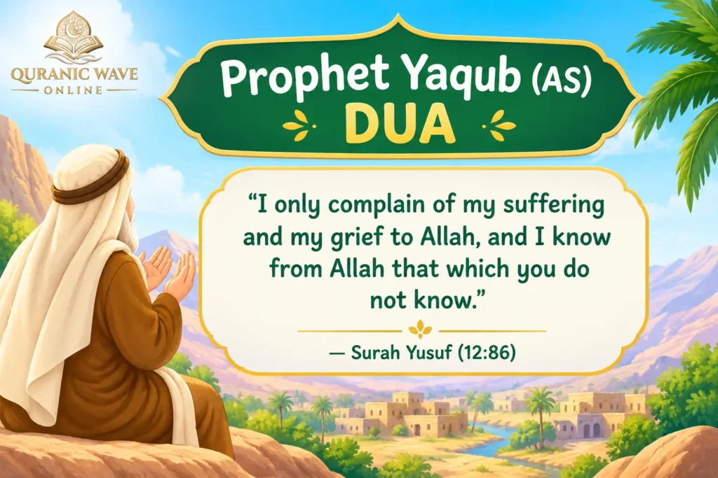 Graphic displaying the Quranic Dua of Prophet Yaqub (AS) from Surah Yusuf with an Islamic story illustration background.