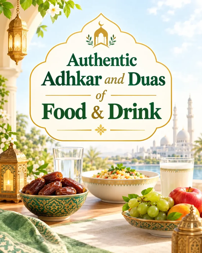 Authentic Adhkar and Duas of Food & Drink image poster showing daily Islamic supplications.