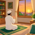 An illustration of a Muslim man sitting on a prayer rug indoors, reciting supplications facing a window as the sun sets over green hills.
