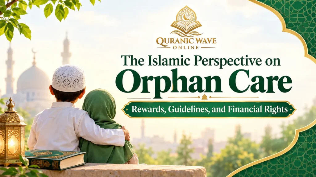 Illustration for Islamic perspective on orphan care featuring Quranic Wave logo on an ornate Islamic background.