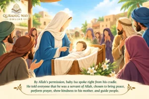 Maryam (AS) holding baby Isa (AS) in a nursery illustration.