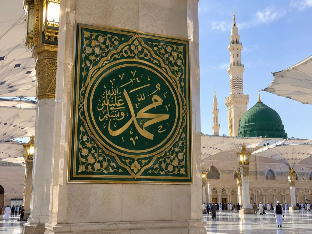 Prophet Muhammad story for kids illustration of Al-Masjid an-Nabawi with green dome