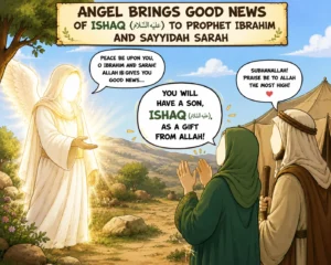Illustration showing an angel bringing good news of Prophet Ishaq (AS) to Prophet Ibrahim (AS) and Sayyidah Sarah
