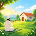 An illustration of a man sitting on a rug outdoors, making dua in front of a cozy house and green field under a bright morning sun.