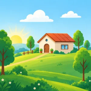 An illustration of a bright sun shining over a house in a green landscape with clear blue skies and flying birds.