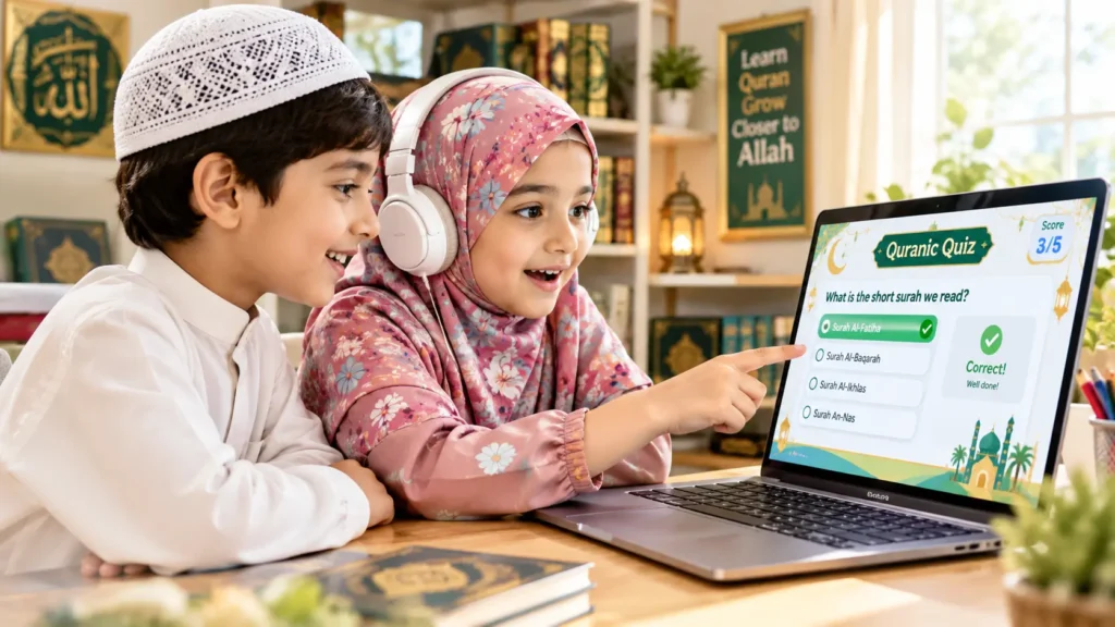 Two young Muslim children smiling and interacting with an online Quran quiz on a laptop at home.