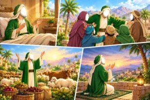 Four-panel Islamic story graphic depicting Prophet Ayyub (AS) suffering illness, making dua, and receiving healing.