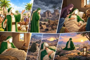 Prophet Ayyub (AS) enduring illness and hardship with patience and faith in Allah.