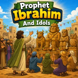 Prophet Ibrahim (AS) standing near idols while teaching his people