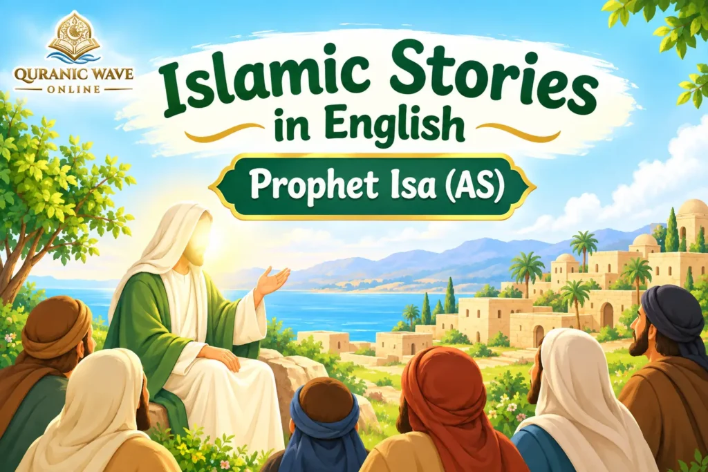 Islamic stories for kids banner featuring Prophet Isa (AS) teaching children near the sea.