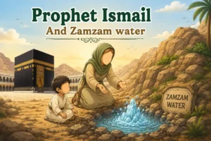 Illustration showing infant Prophet Ismail (pbuh) and his mother Hajar beside the miraculous spring of Zamzam in the desert.