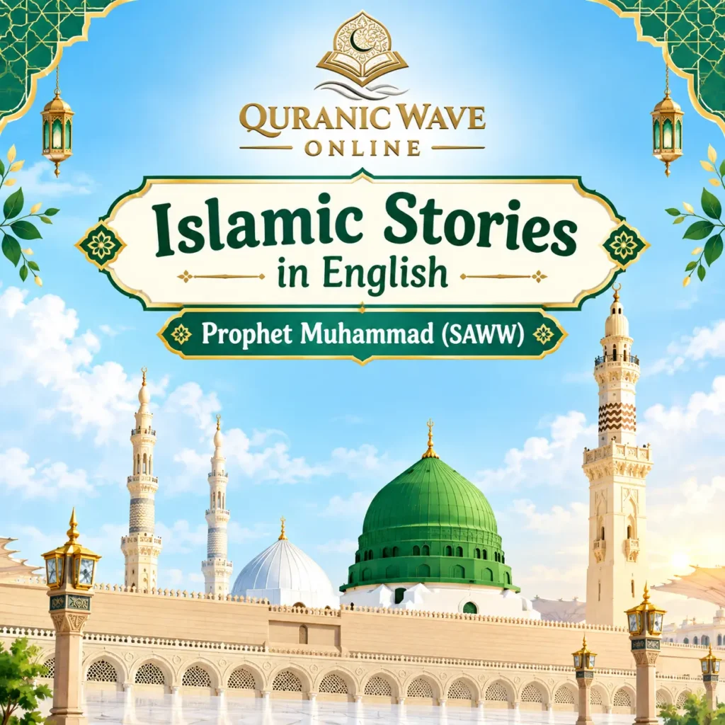 Islamic Stories in English title card featuring Prophet Muhammad (PBUH) story for kids