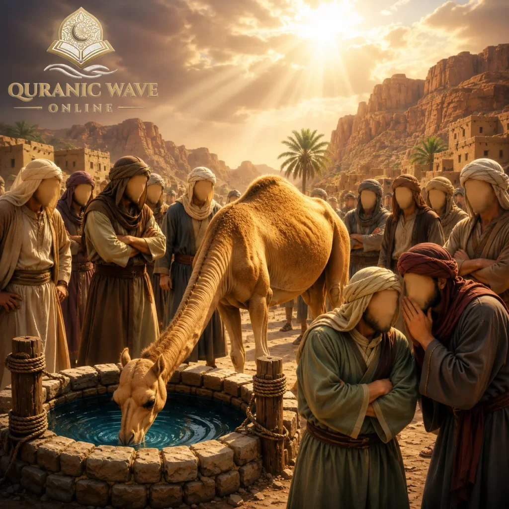 Illustration of Prophet Salih (AS) standing near the miracle camel drinking water at a stone well.