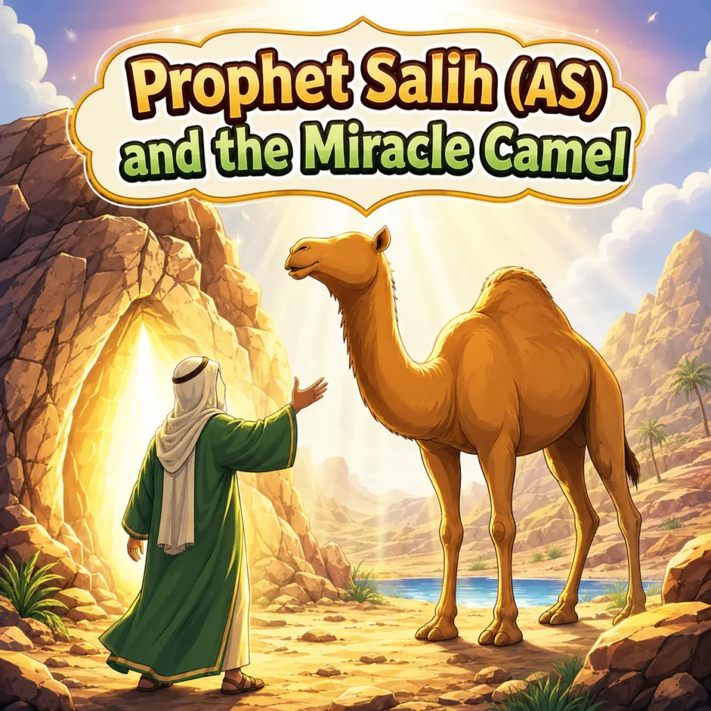 Illustration of Prophet Salih (AS) standing near the miracle camel in the desert.