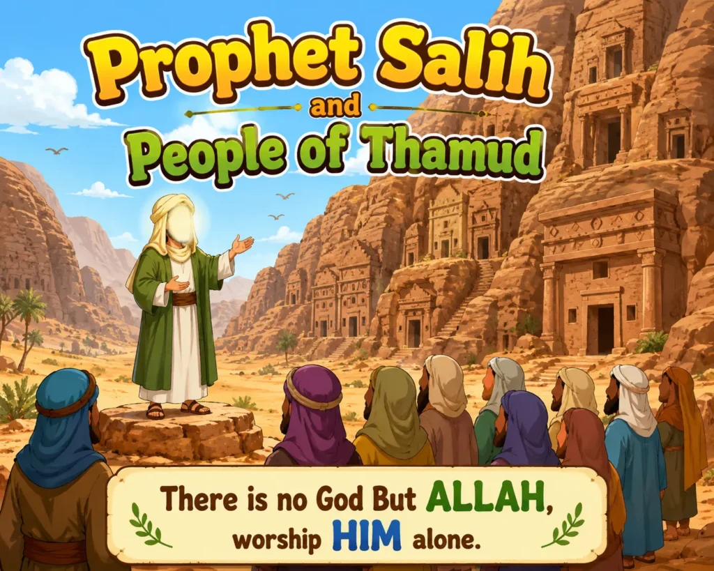Illustration titled 'Prophet Salih and People of Thamud' showing Prophet Salih standing near ancient desert stone structures.