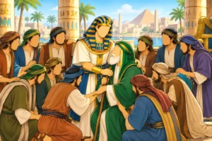 Illustration of Prophet Yaqub (AS) joyfully reuniting with his son Prophet Yusuf (AS).