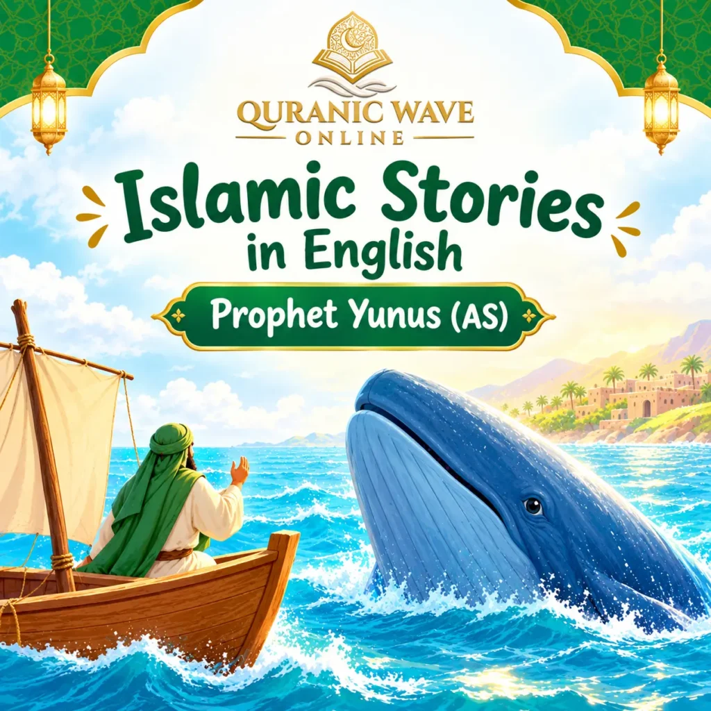 Prophet Yunus story for kids illustration showing Prophet Yunus and the whale
