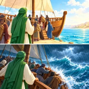 Prophet Yunus on the ship during the ocean storm for Prophet Yunus story for kids