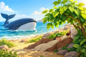 Prophet Yunus resting on the shore after coming out of the whale for Prophet Yunus story for kids