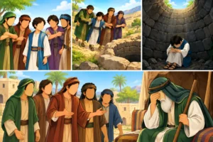 Illustration of the brothers of Prophet Yusuf (AS) placing him into a deep well in the desert.
