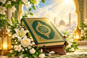 An open Quran resting on a wooden book stand.