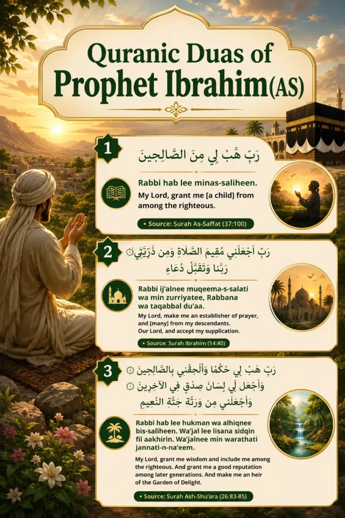 Quranic Duas of Prophet Ibrahim (AS) featuring Arabic text, transliteration, and English translation.