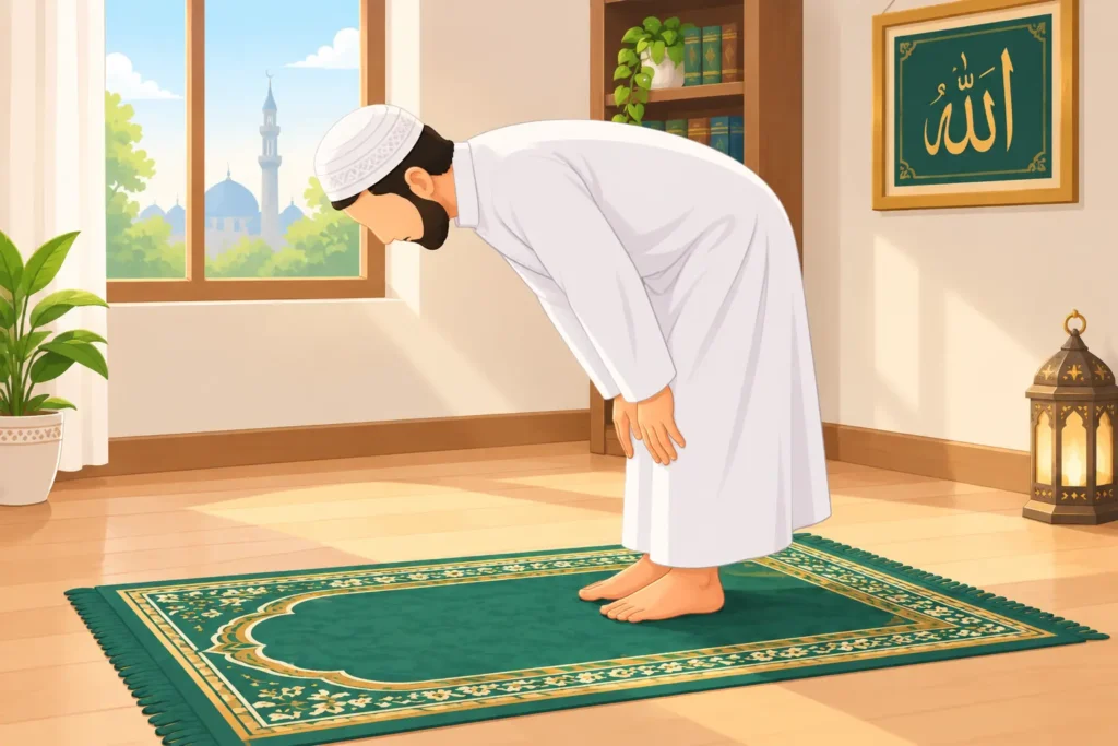 A man bowing in Ruku posture on a prayer mat reciting Adhkar and Duas of Salah.