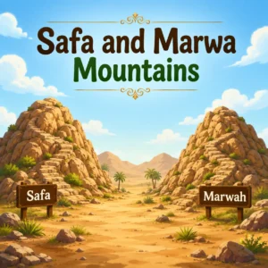 Illustration showing Safa and Marwa Mountains under a bright blue sky with a path between them.