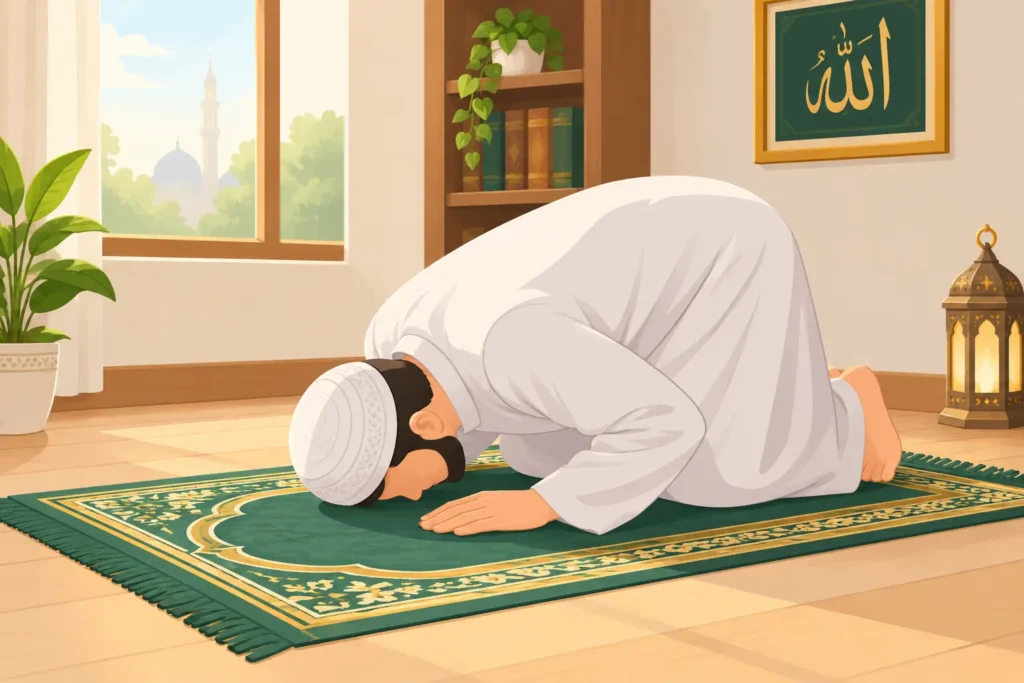 A man performing Sujood (prostration) on a prayer mat reciting Adhkar and Duas of Salah.