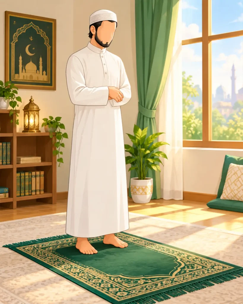 A man standing in Qiyam posture on a prayer mat reciting Adhkar and Duas of Salah.