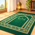 Green Islamic prayer rug placed on a wooden floor in a warm, lit room