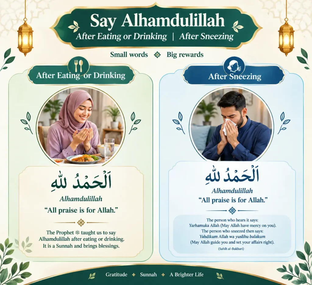 Infographic listing 12 everyday things to say Alhamdulillah for in Islam