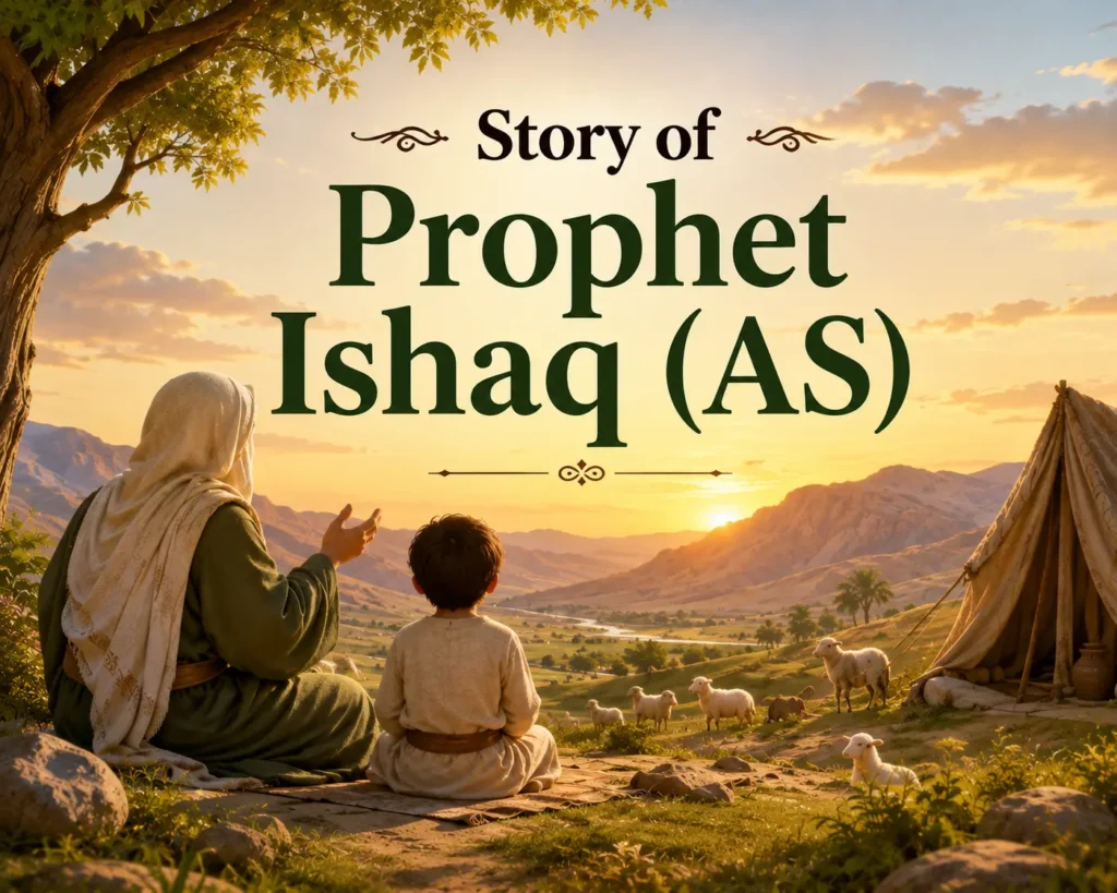 Story of Prophet Ishaq (AS) banner image showing a peaceful desert landscape with open tents