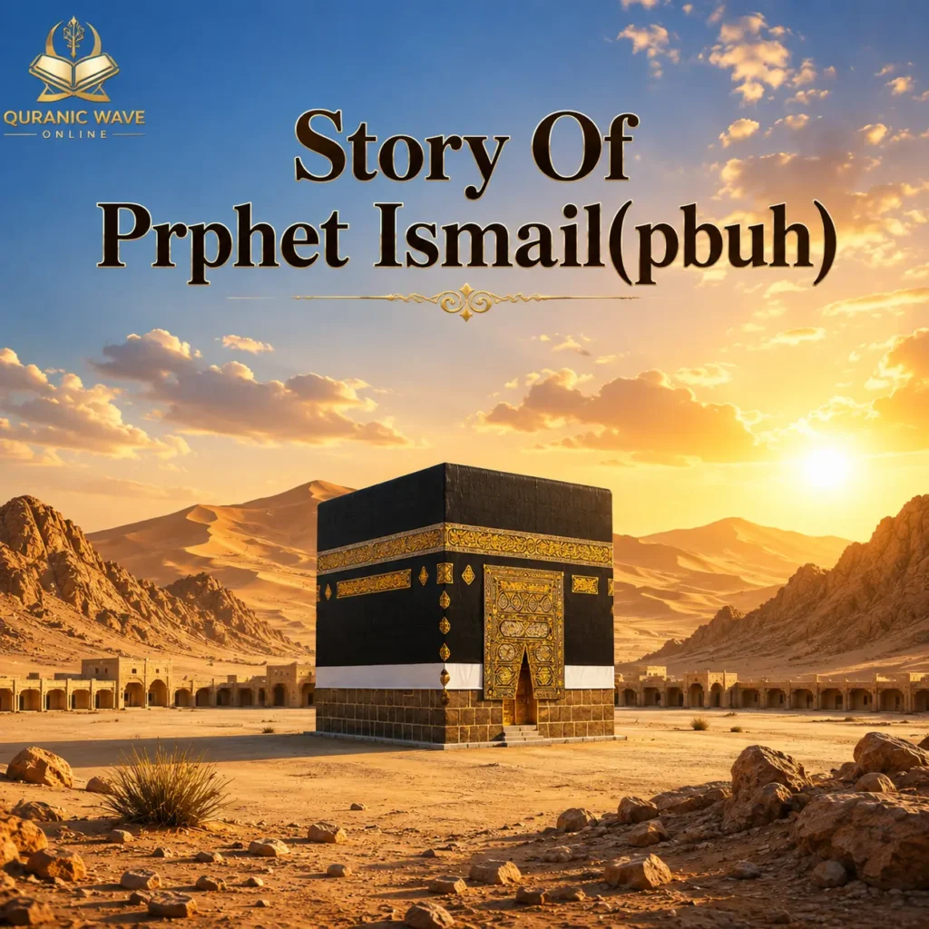 Story of Prophet Ismail (pbuh) featuring an illustration of the Kaaba under a radiant sunset sky.