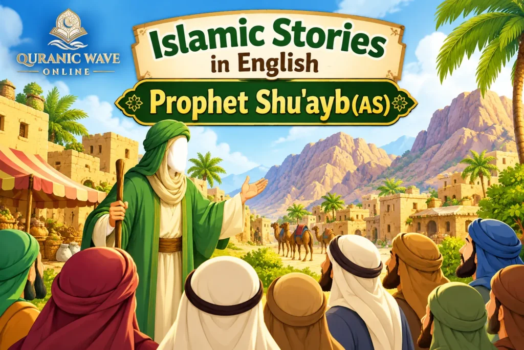 Islamic Stories in English: Prophet Shu'ayb (AS) title thumbnail featuring an ancient village landscape with traders and camels.