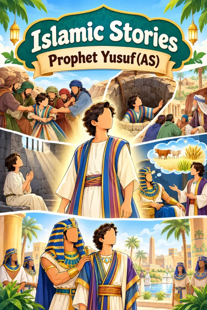 Story of Prophet Yusuf illustration for kids showing Prophet Yusuf (AS) with his family