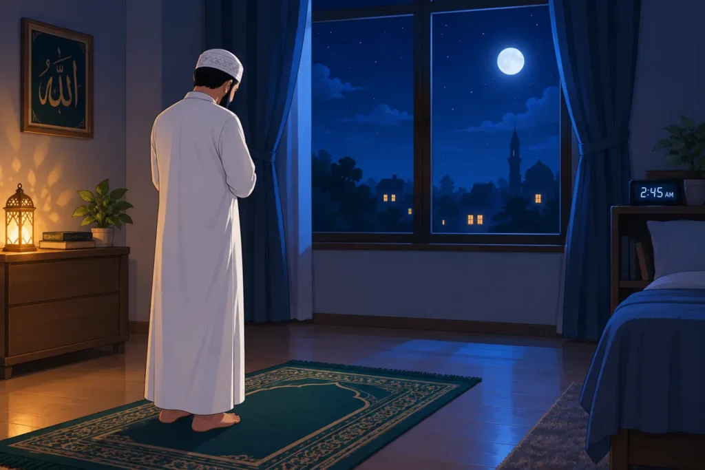 A man reciting Tahajjud dua in a dimly lit room facing a night sky window