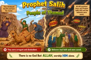 Illustration titled 'Prophet Salih and People of Thamud' showing desert rock structures and ancient town scenes.