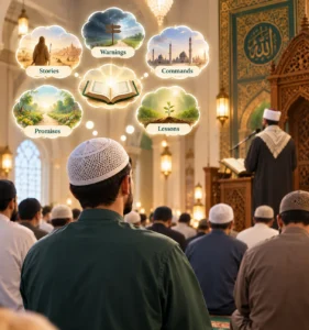 Muslim praying in Taraweeh understanding Quran recitation with meaning